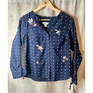 Christopher & Banks Petite Blue Floral Cotton Blouse P/S Tie Sleeve